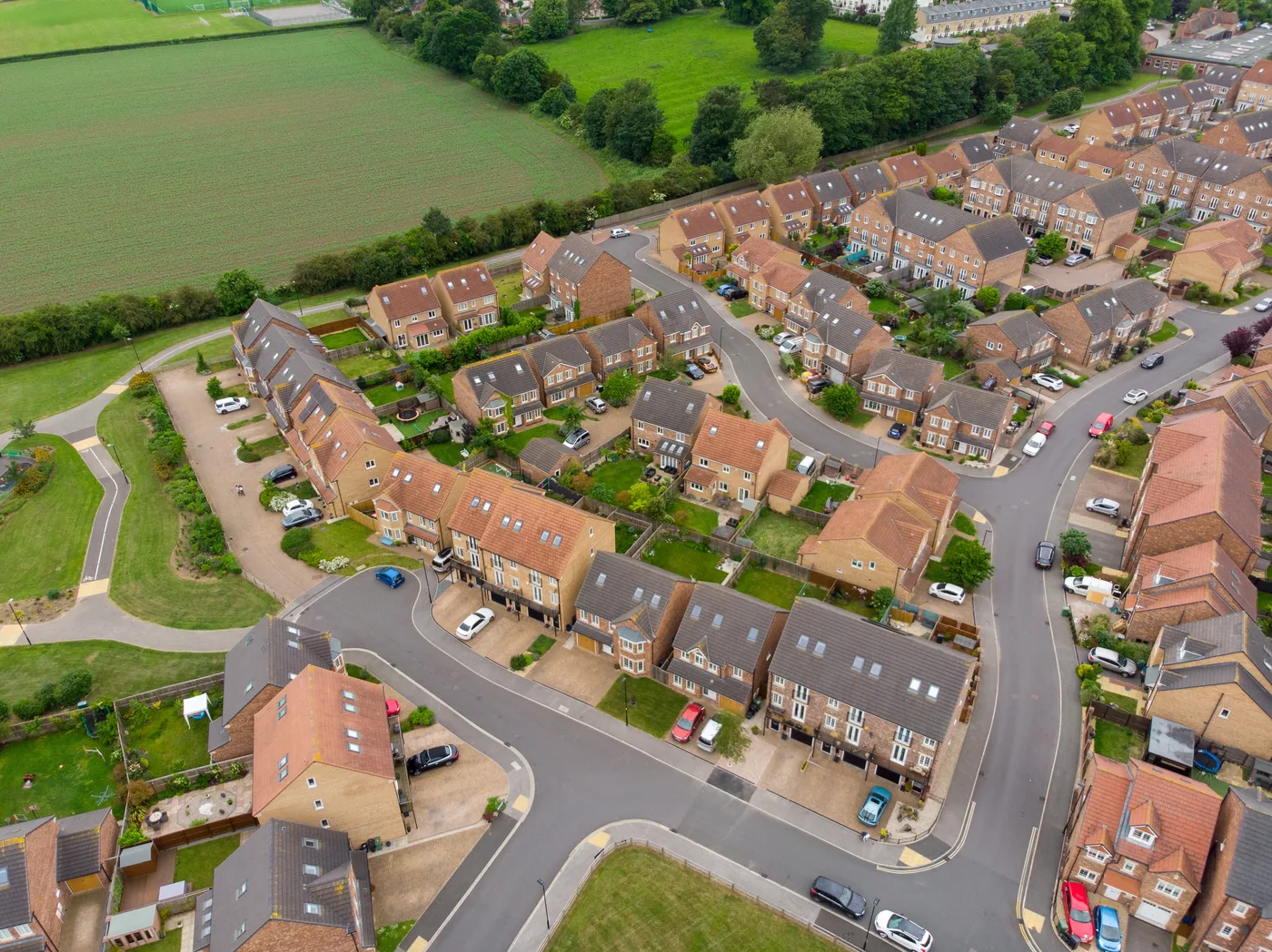An aerial view of a British residential neighbourhood